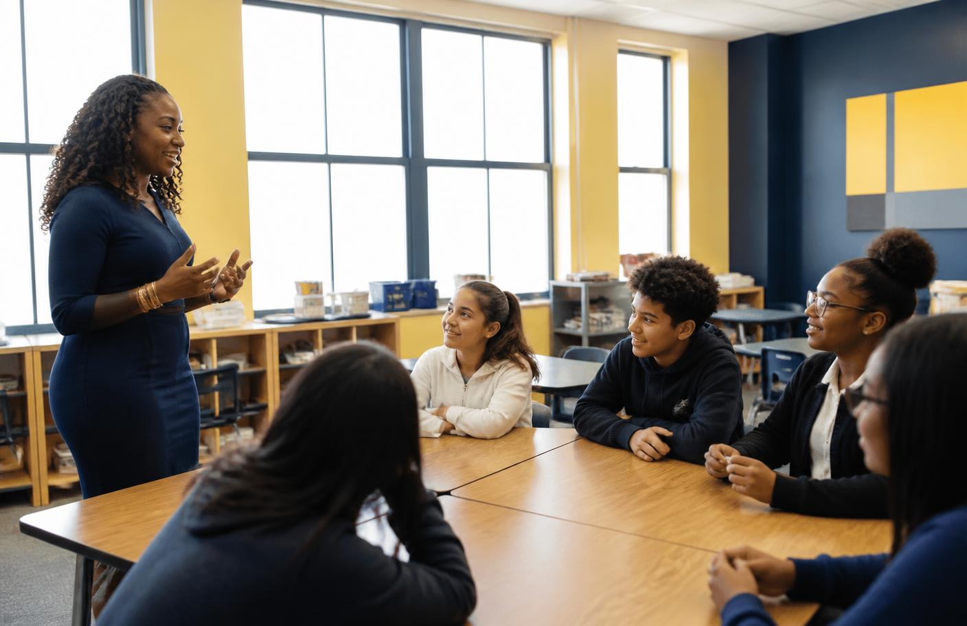 A professional speaking with students in a classroom